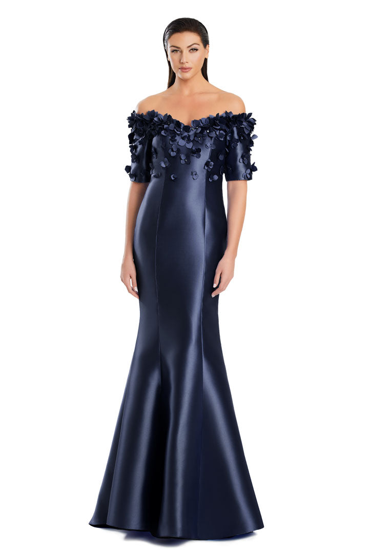 Long mermaid evening gown with applique detailing, off-shoulder neckline, curve-hugging formal dress