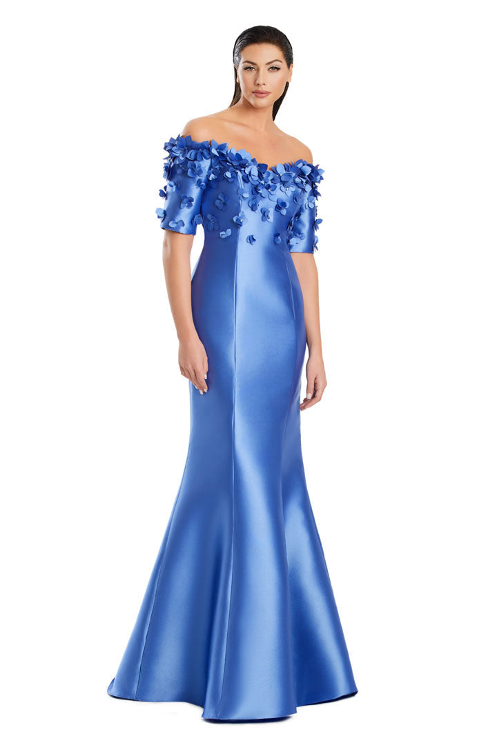 Long mermaid evening gown with applique detailing, off-shoulder neckline, curve-hugging formal silhouette