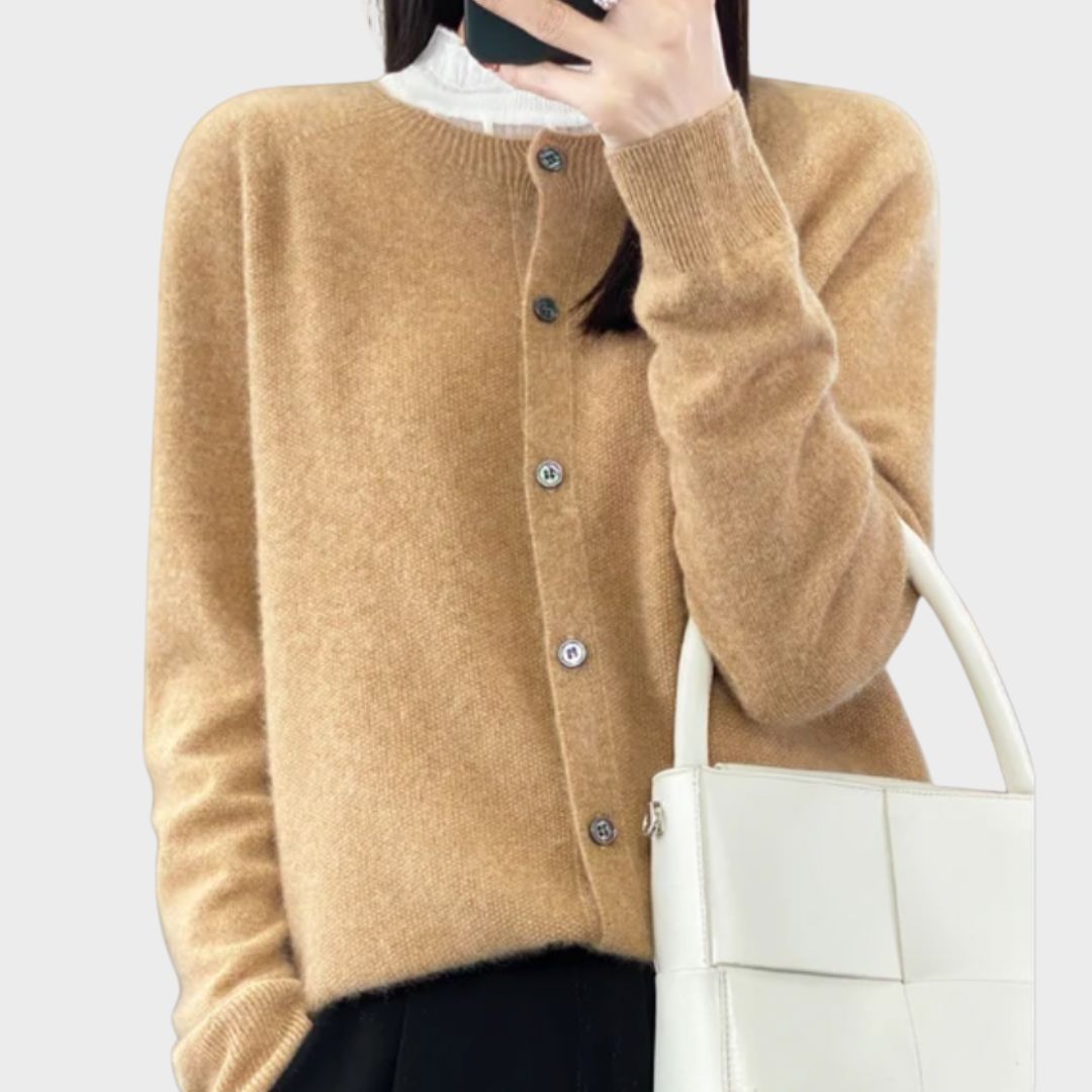 Bella™ women's relaxed-fit cardigan in neutral tones, premium soft fabric, timeless elegant style