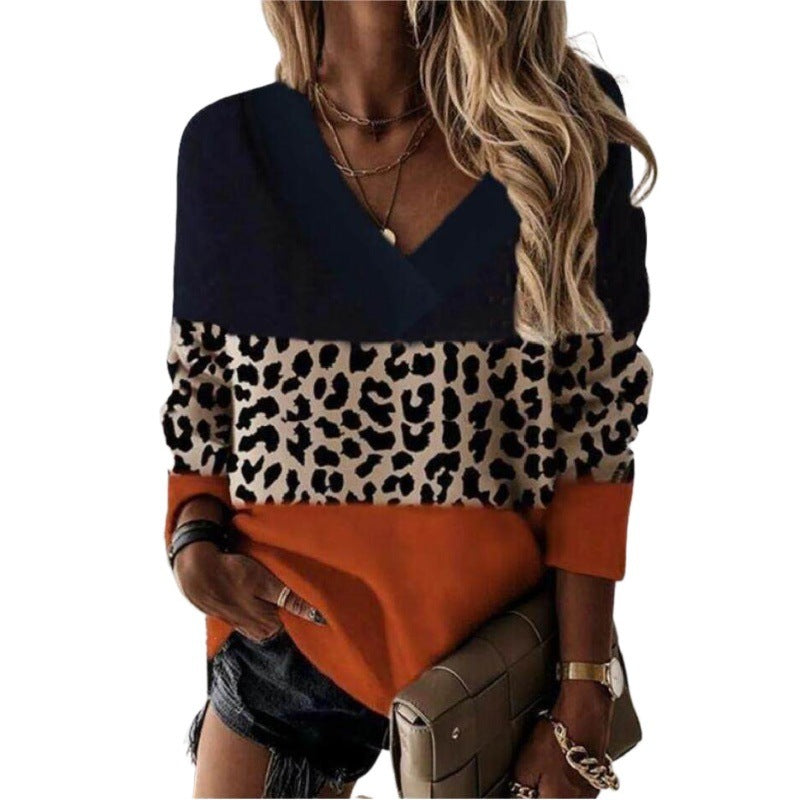 Unisex leopard print V-neck knit pullover sweater with long sleeves, casual tailored fit