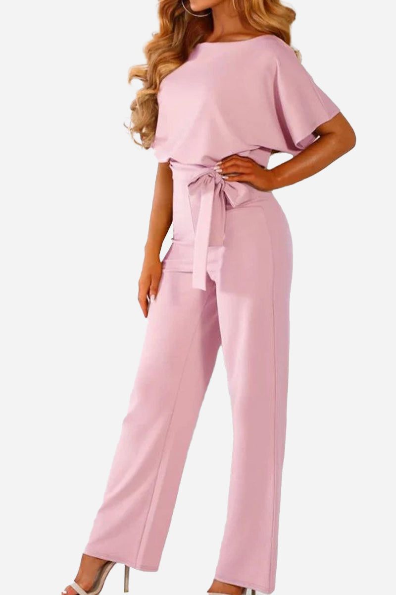 Black wide-leg belted jumpsuit with batwing sleeves and cinched tie waist for women