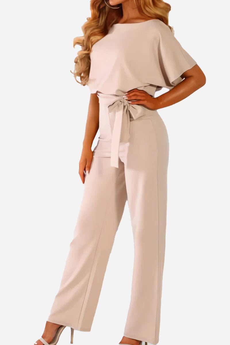 Black wide-leg belted jumpsuit with batwing sleeves and cinched tie waist for women