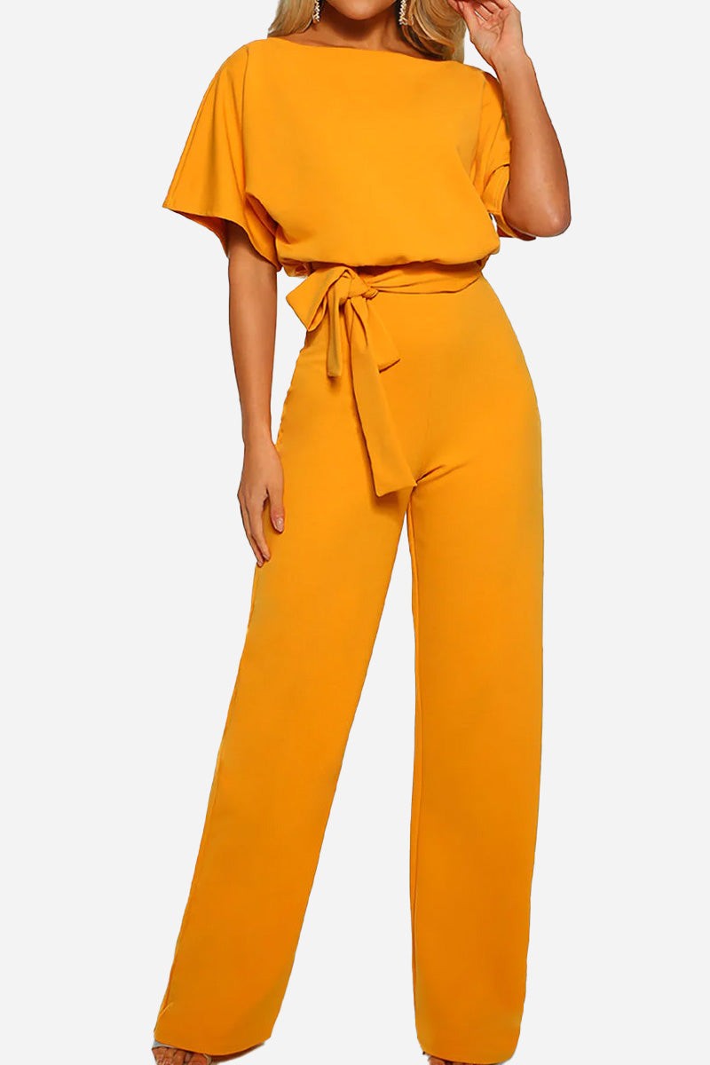Black wide-leg belted jumpsuit with batwing sleeves and cinched tie waist for women