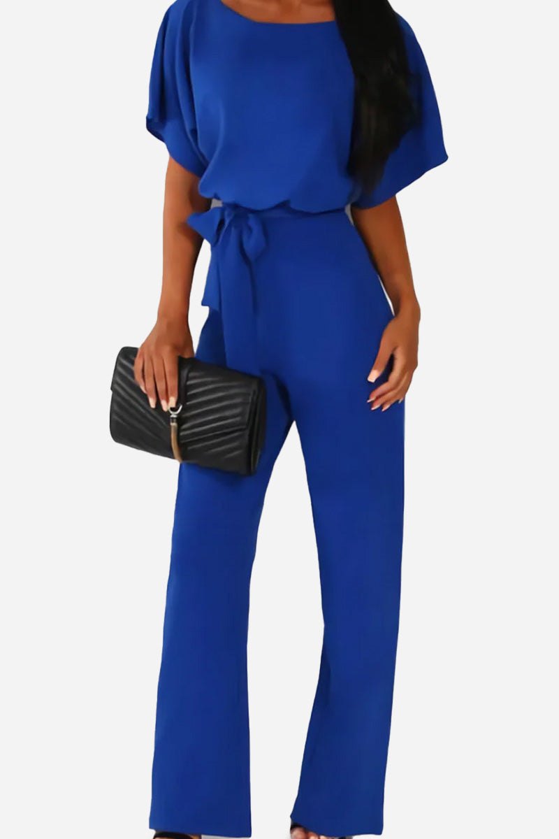 Black wide-leg belted jumpsuit with batwing sleeves and cinched tie waist for women