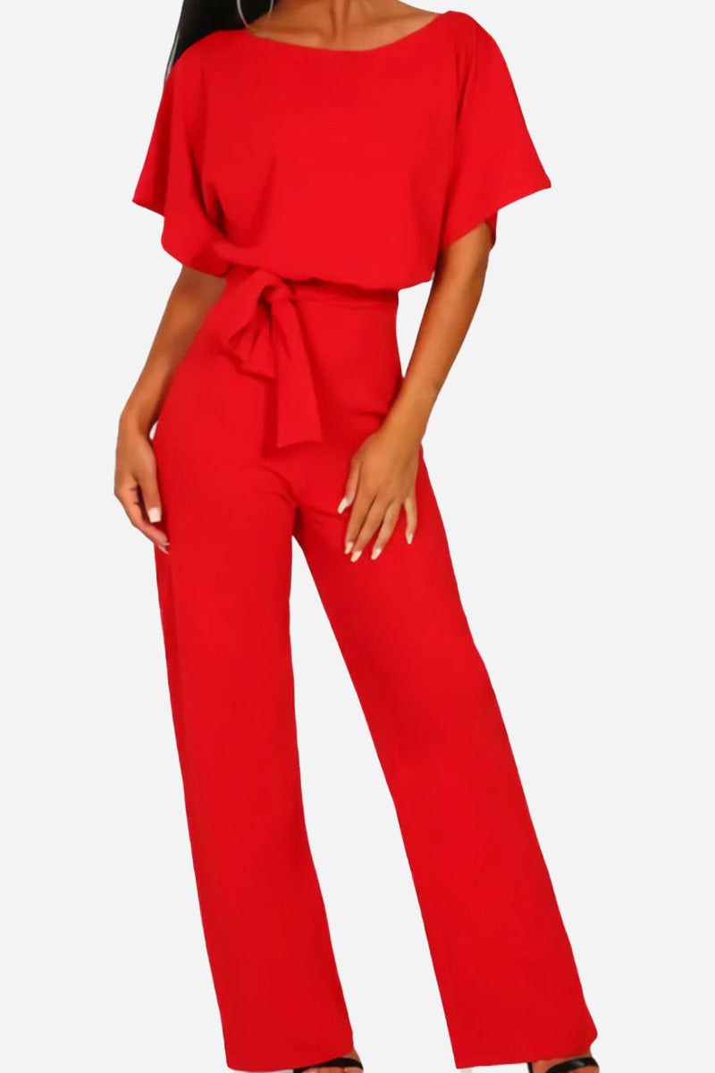 Black wide-leg belted jumpsuit with batwing sleeves and cinched tie waist for women