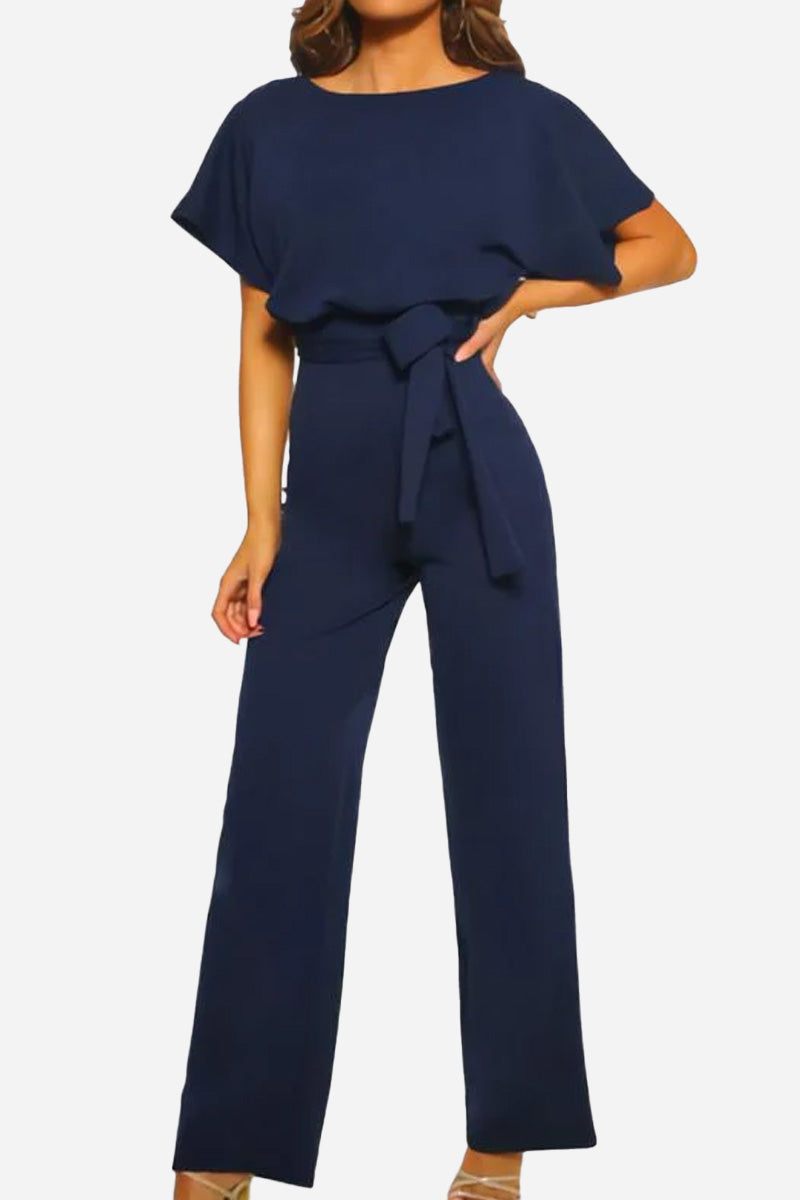 Black wide-leg belted jumpsuit with batwing sleeves and cinched tie waist for women