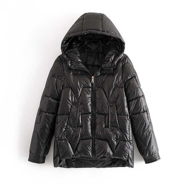 Women's slim-fit black puffer coat with quilted panels, cozy warmth for modern everyday style