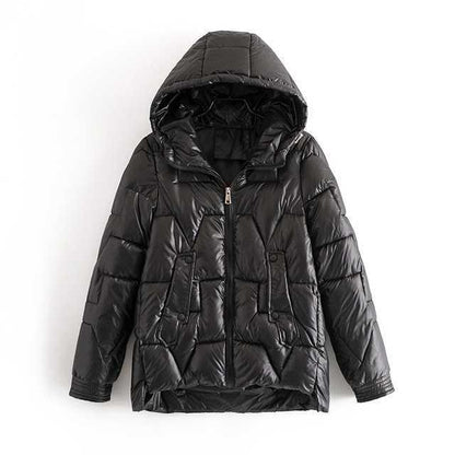 Women's slim-fit black puffer coat with quilted panels, cozy warmth for modern everyday style