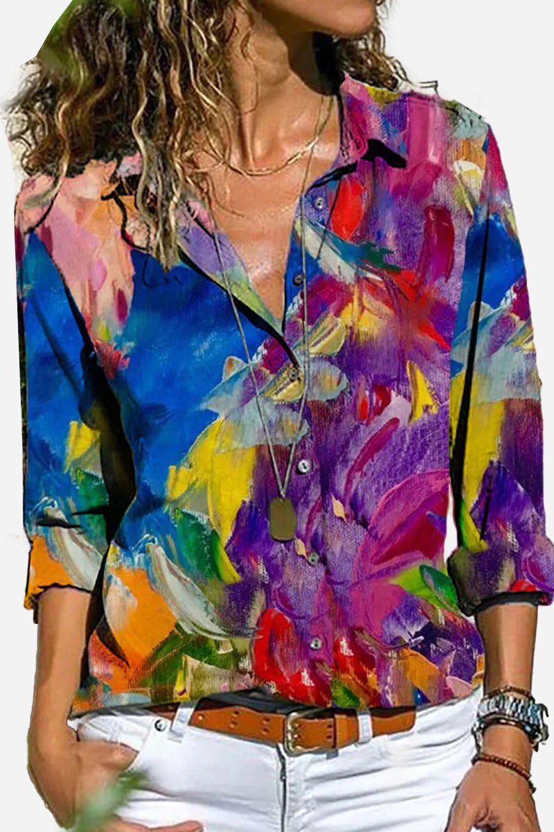 Women's relaxed fit colorful vertical striped button-down long sleeve shirt Maya