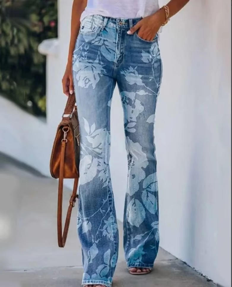 Women's floral print jeans in vibrant retro botanical pattern, cotton blend slim-fit denim for everyday style