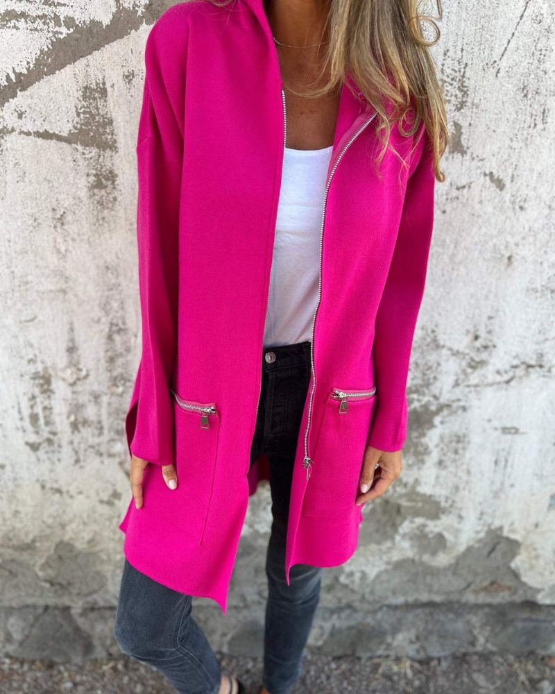 Arlene long sleeve cardigan with round neckline and front zipper, soft cozy knit for effortless everyday elegance