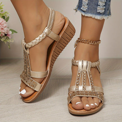 Women's rhinestone woven sandals with braided crystal-adorned straps for glamorous summer style