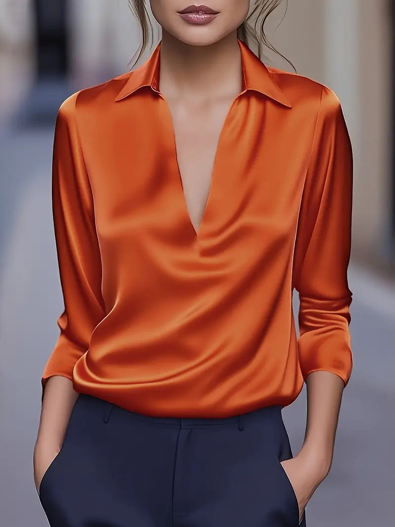 Premium V-neck satin blouse with graceful drape, slimming neckline, elegant silhouette