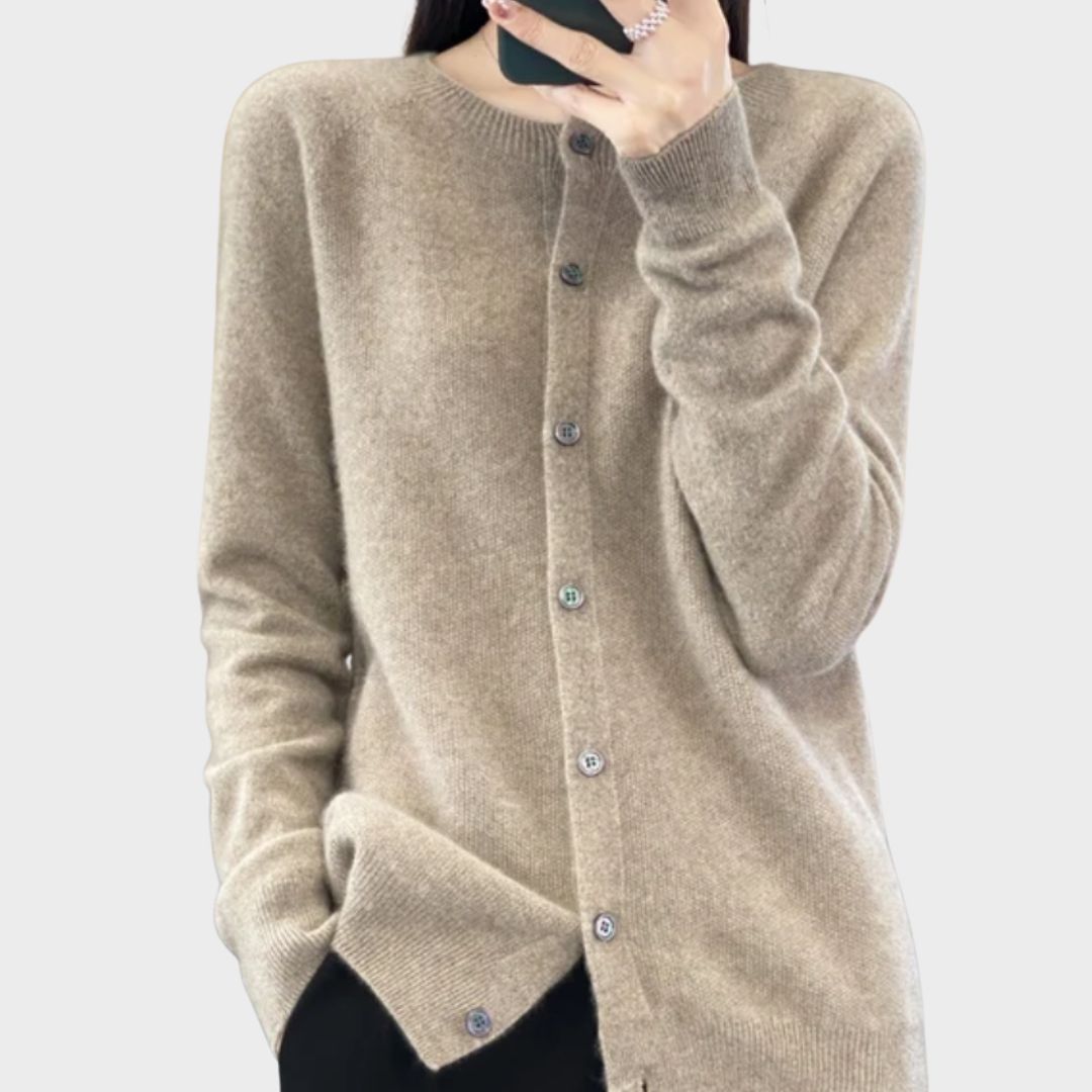 Bella™ women's relaxed-fit cardigan in neutral tones, premium soft fabric, timeless elegant silhouette