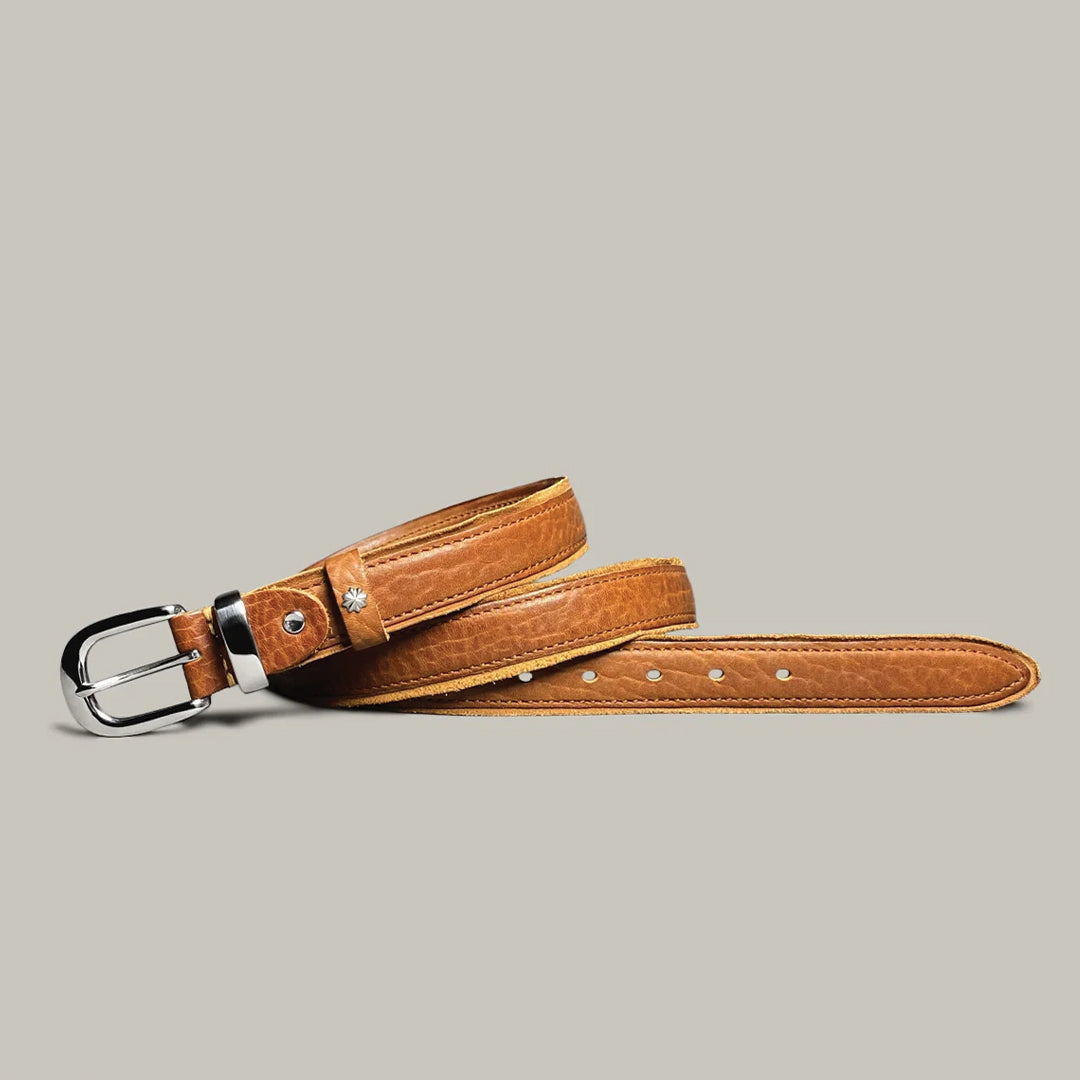 Marcenti genuine vegetable-tanned leather belt with brushed steel buckle and star-embossed keeper
