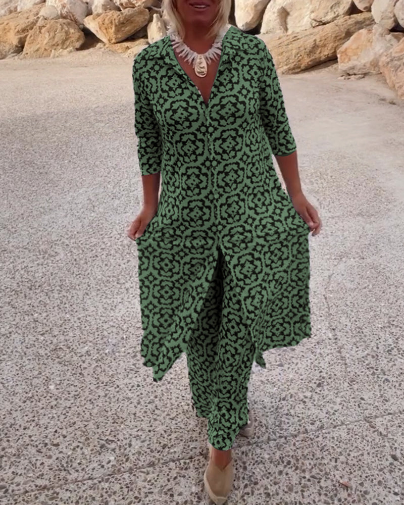 Women's fuchsia black geometric print two-piece set longline button-front shirt straight-leg pants