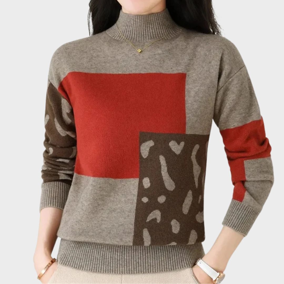 Cozy high collar sweater in neutral tone, structured silhouette with soft knit fabric for effortless everyday elegance