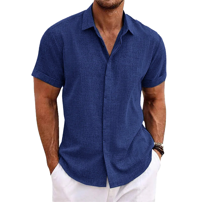 Men's short sleeve linen cotton blend shirt, lightweight regular fit casual button-up for everyday wear