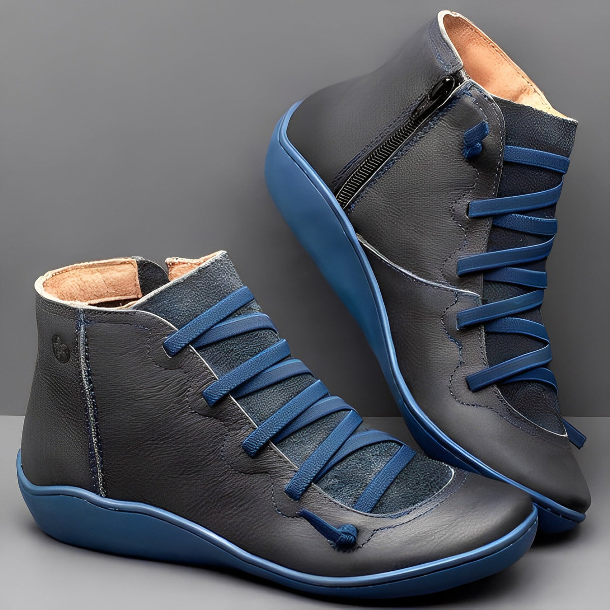 Women's black lace-up zip ankle boots with side zipper closure and customizable fit
