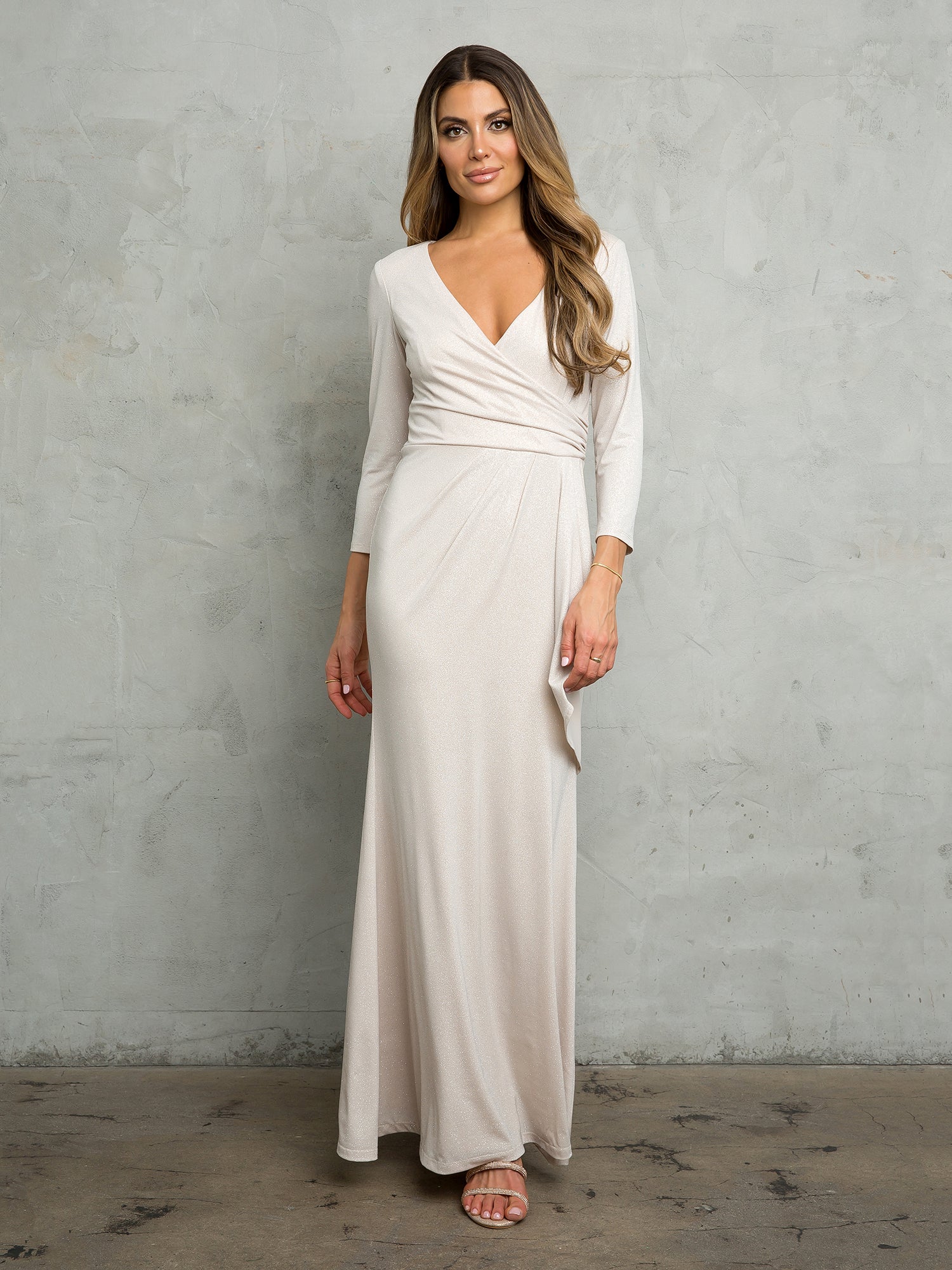 Glitter jersey long sheath mother of bride dress with wrap V-neck in shimmering formal style