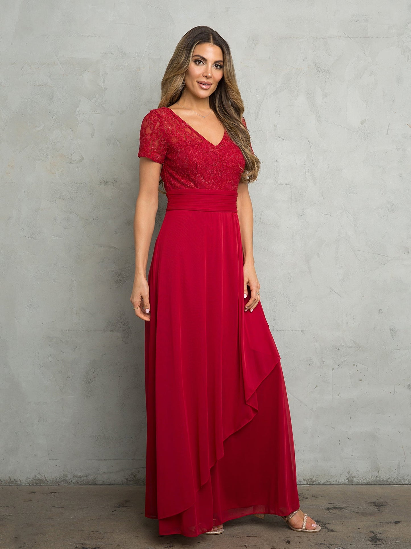 Long A-line mother of the bride dress with lace sequin bodice, chiffon wrap skirt, short sleeves