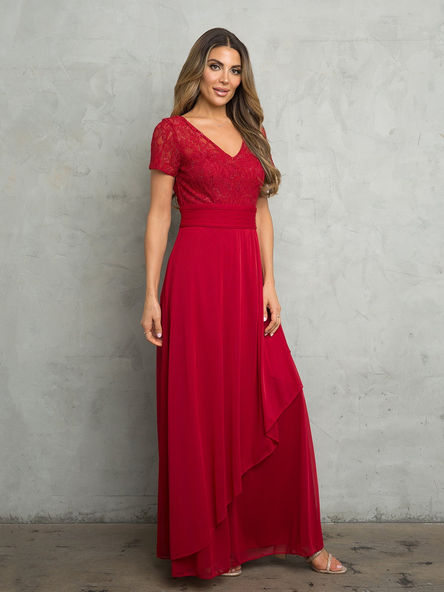 Long A-line mother of the bride dress with lace sequin bodice, chiffon wrap skirt, short sleeves