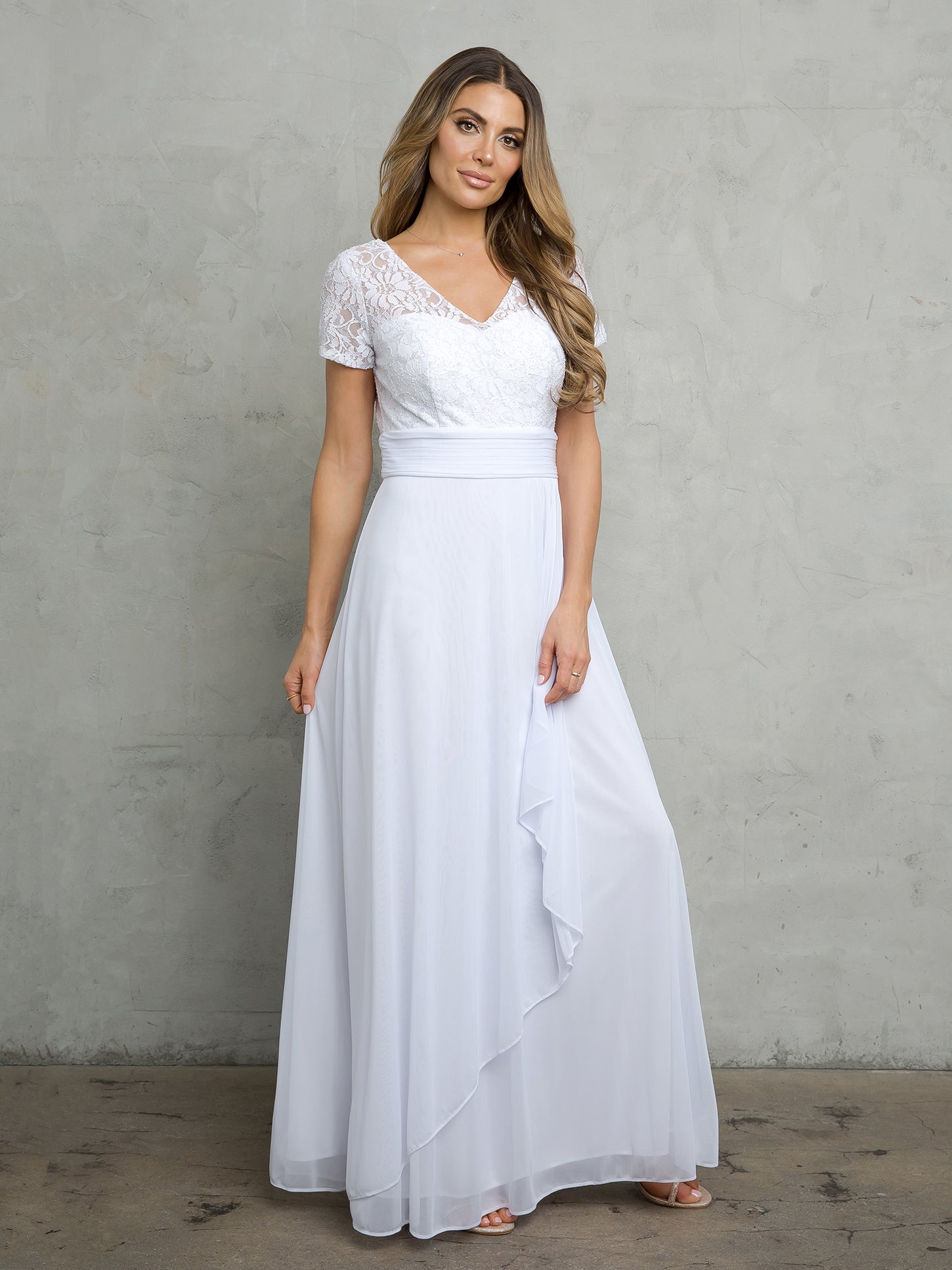 Long A-line mother of the bride dress in lace and chiffon with sequin bodice and short sleeves