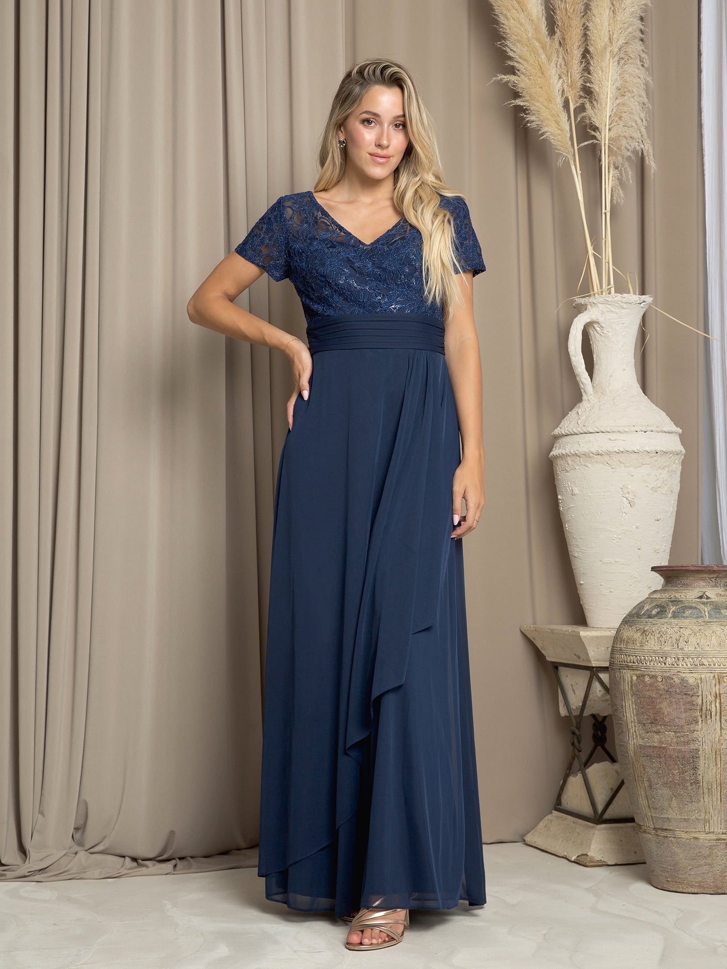 Long A-line mother of the bride dress with lace sequin bodice, chiffon skirt, and short sleeves