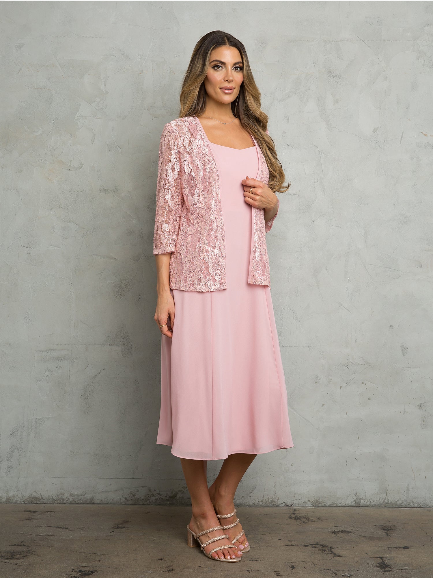 Two-piece mother of the bride short dress with lace jacket in elegant pebble georgette fabric