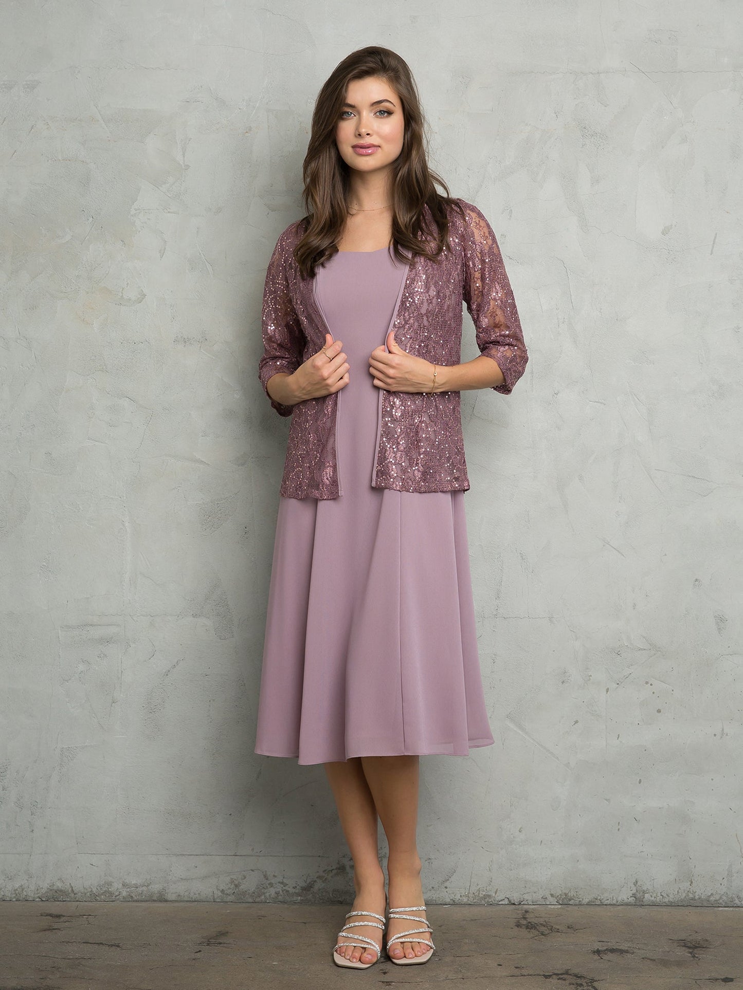Two-piece short mother-of-bride lace jacket dress in elegant georgette fabric with flattering silhouette