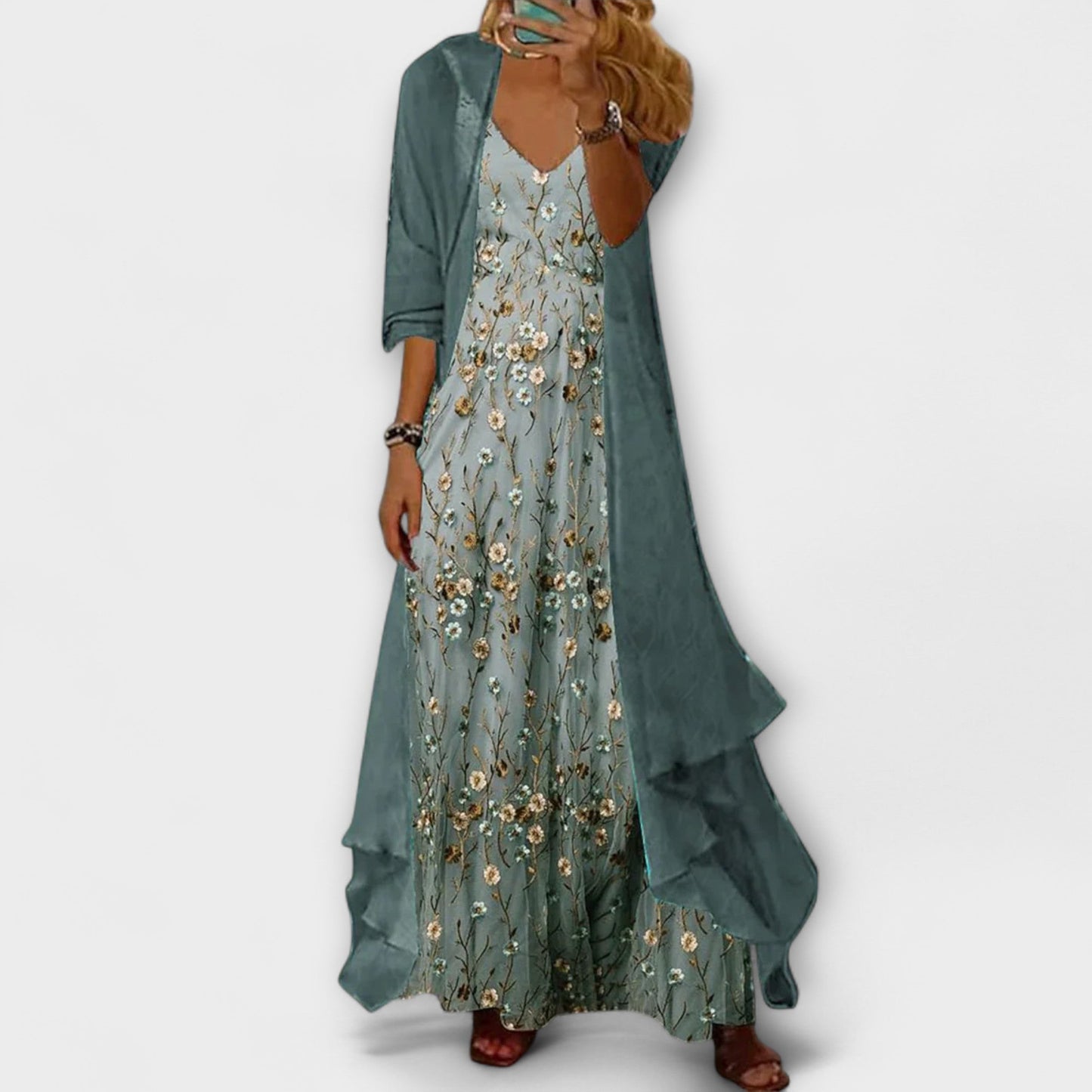 Women's floral maxi slip dress with longline cardigan two-piece set, V-neck, lightweight layered style