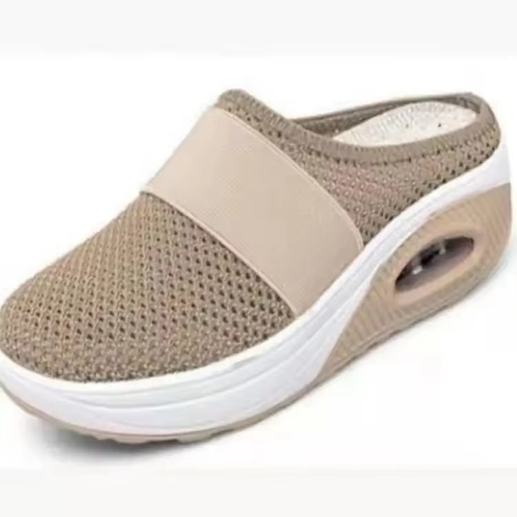 Women's beige mesh platform slip-on mules with air cushion comfort sole, lightweight walking shoes