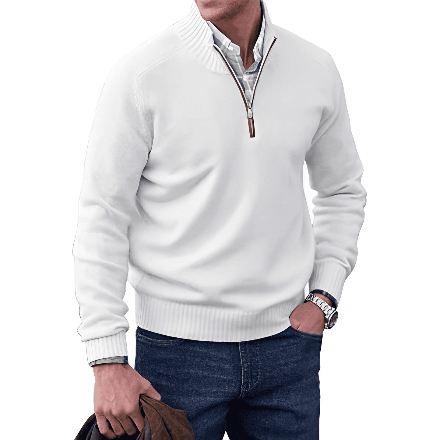 Men's grey knitted half-zip pullover jumper with soft cozy texture for smart-casual layering