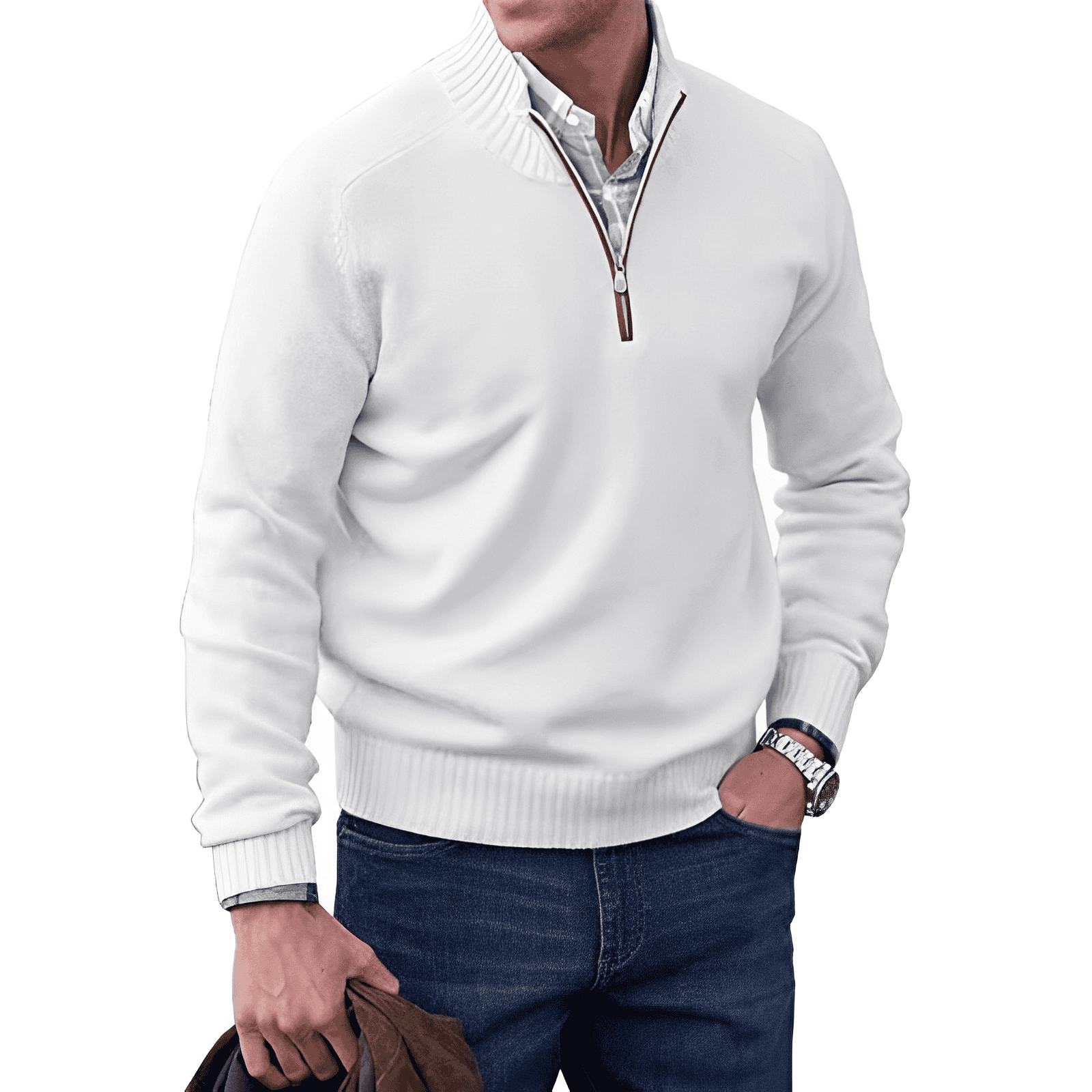 Men's grey knitted half-zip pullover jumper with soft cozy texture for smart-casual layering