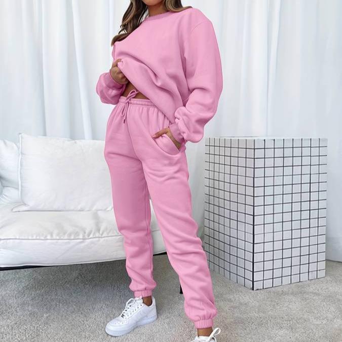 Women's matching heather gray sweatshirt and jogger loungewear set with relaxed silhouette