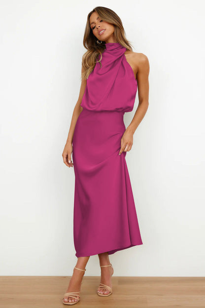 Diane satin maxi dress in elegant silhouette with smooth light-catching sheen, perfect for weddings and summer events