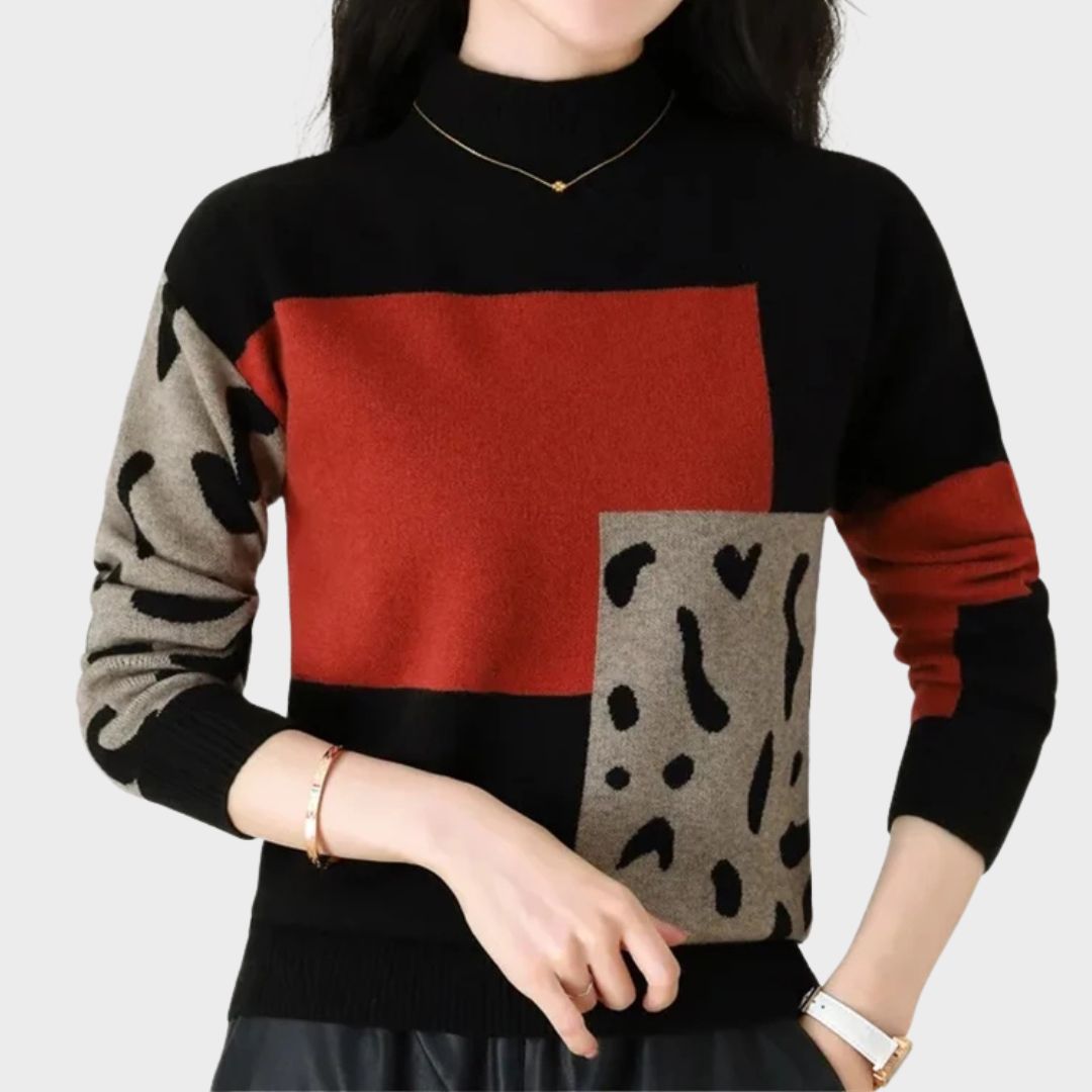 Cozy high collar sweater in neutral tone, structured silhouette for effortless everyday elegance and warmth