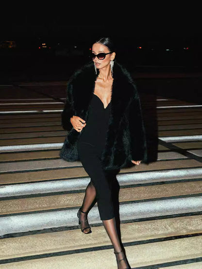 Women short solid faux fur coat elegant classic style plush warm lightweight versatile six colors