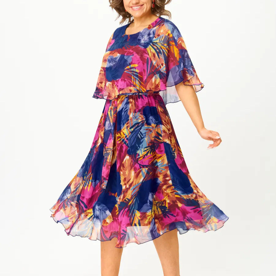 Women's chiffon flowy draped dress with tummy control, lightweight & curve-flattering silhouette
