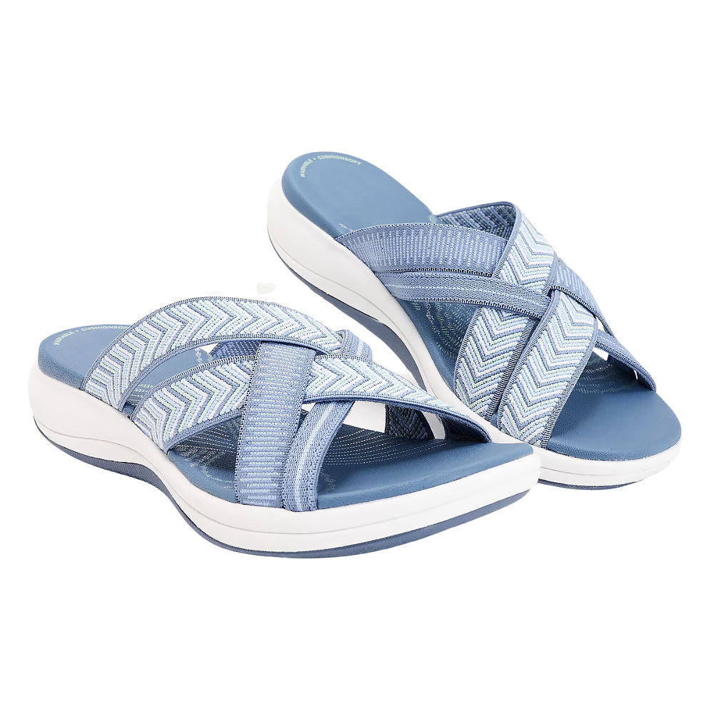 Women's cushioned comfort sandals with comfort support straps in neutral tones, elegant low-profile sole