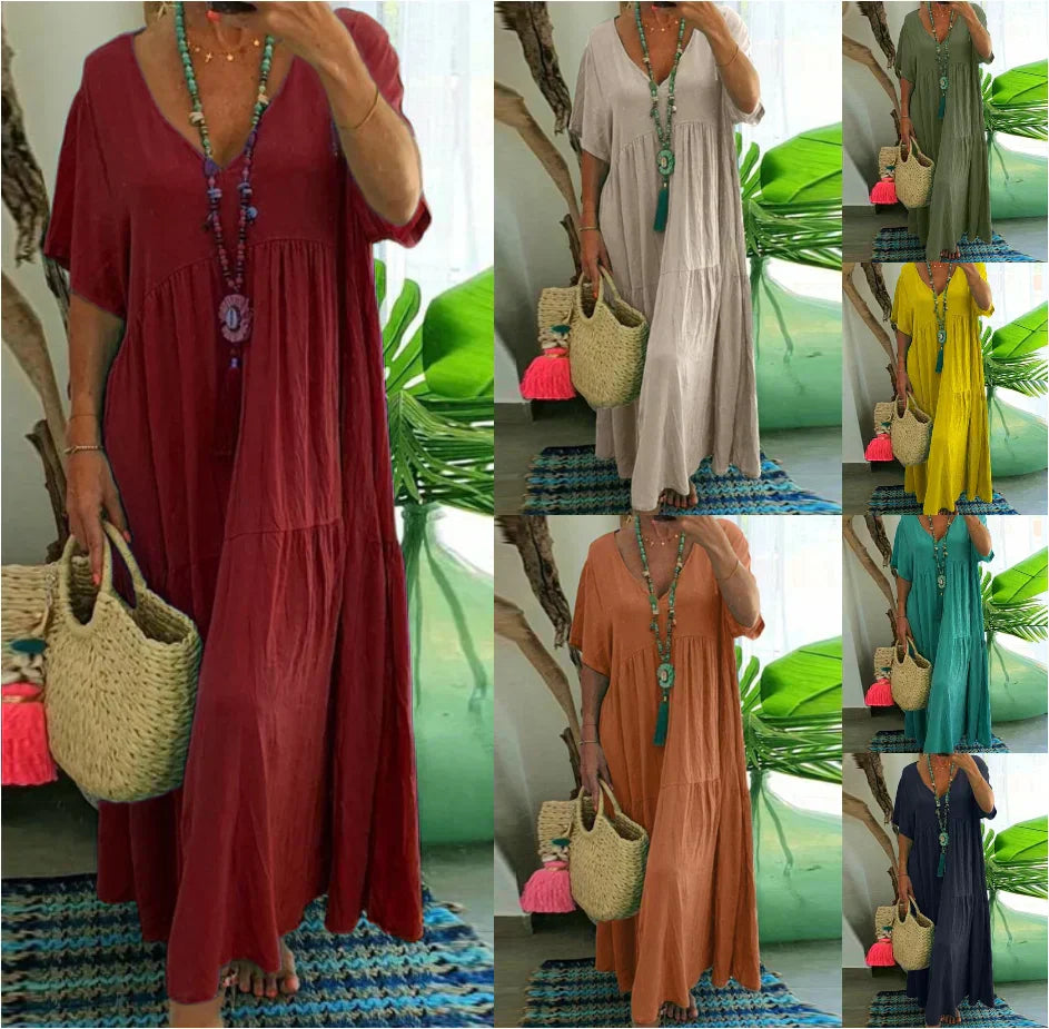 Women's draped elegant dress in natural tones with flowing silhouette and breathable relaxed fit