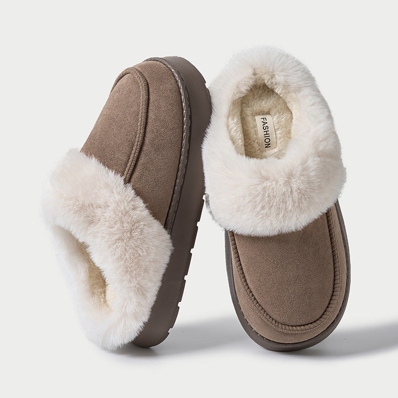 Women's fur-lined slip-on moccasin slippers in solid tones with stitched detailing for cozy indoor style