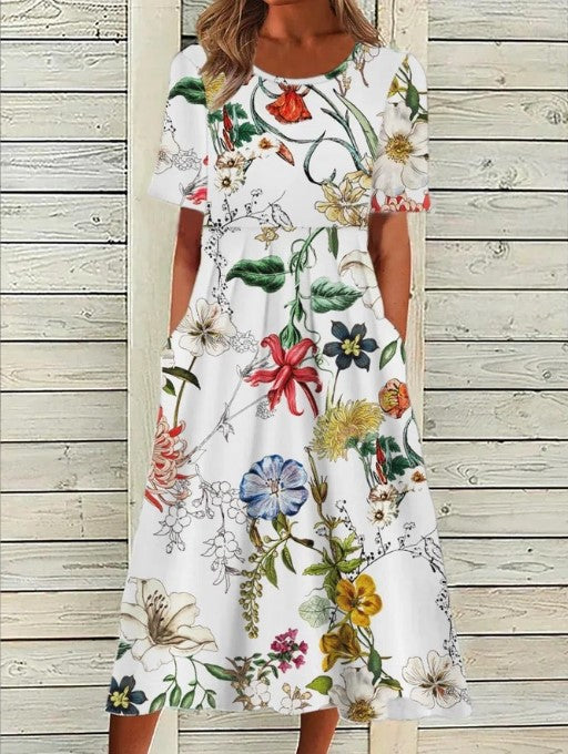 Printed midi dress relaxed fit floral pattern light breathable fabric elegant flowing silhouette
