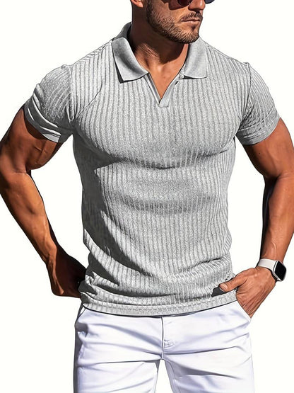 Men's slim fit ribbed knit polo shirt short sleeve casual stylish cotton-blend textured finish