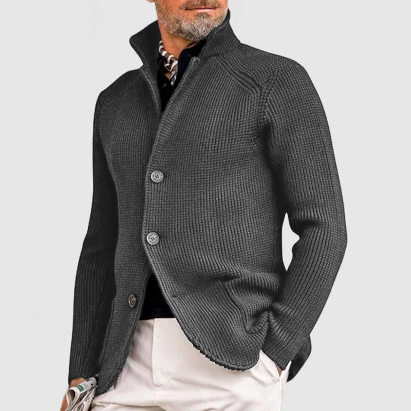 Navy long sleeve knit cardigan for men with button closure and cozy Nordic-inspired warmth