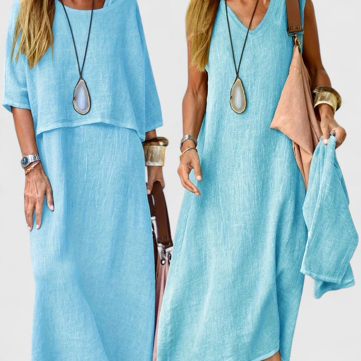 Women's oatmeal linen two-piece set maxi dress with short sleeve layering top, relaxed fit