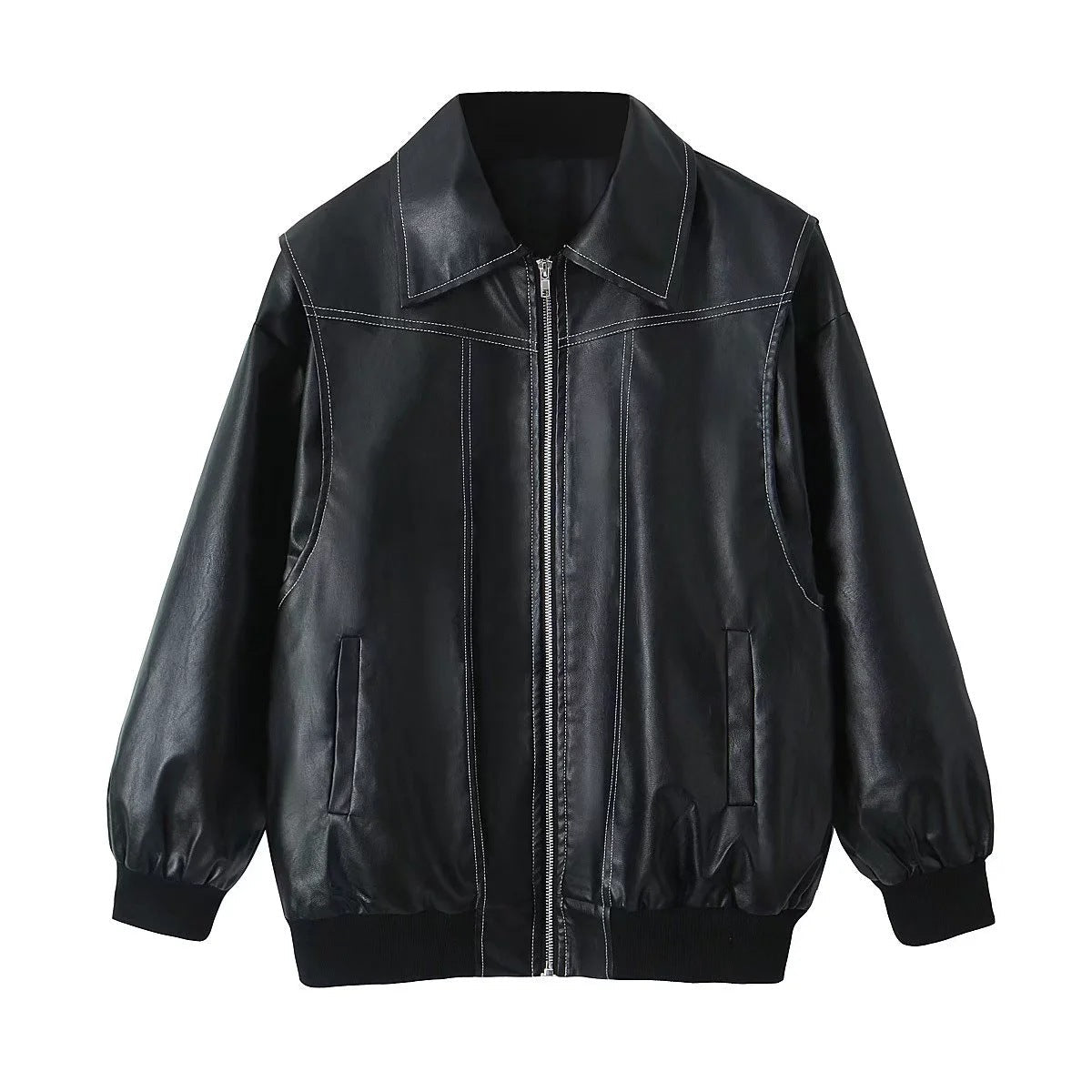 Women's black oversized faux leather moto jacket with zipper closure and relaxed comfort fit