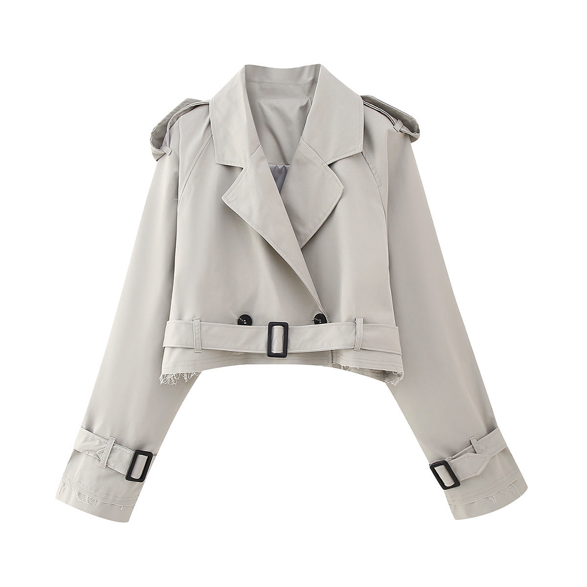 Women's beige cropped double-breasted trench coat with waist-defining silhouette and city-chic tailoring