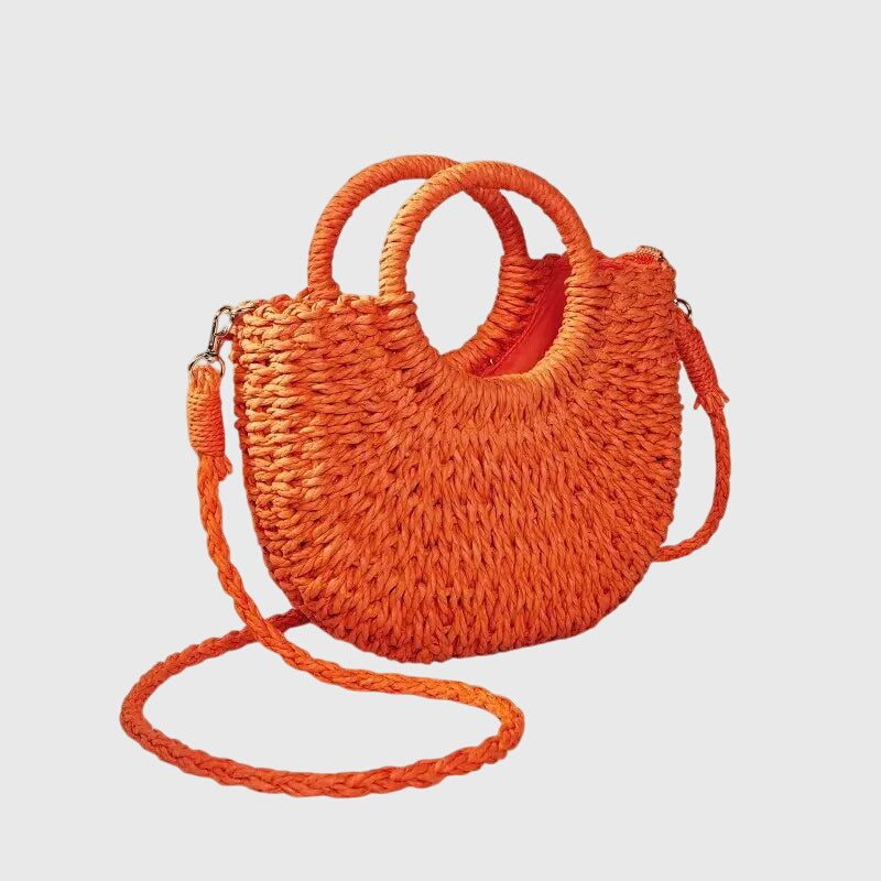 Natural braided handbag with circular handle in neutral tone, lightweight summer style