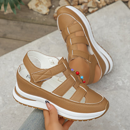 Women's beige platform adjustable sandals with cushioned sole and sporty straps